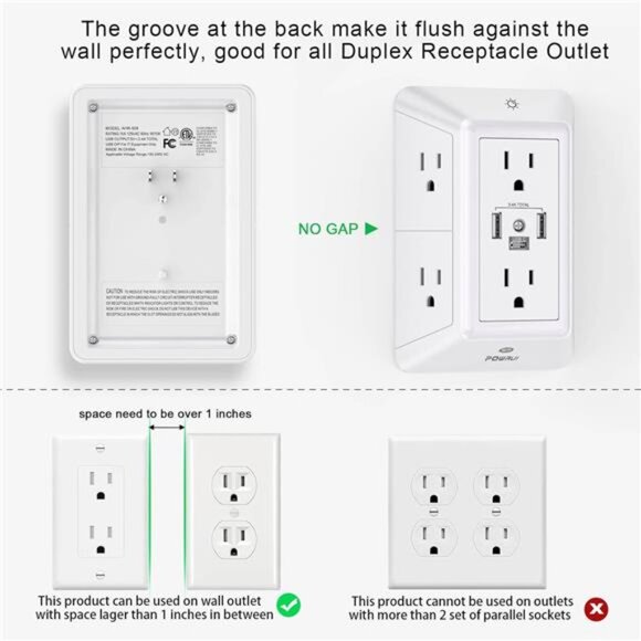 Multi Plug Outlet Surge Protector - POWRUI 6 Outlet Extender with 3 USB Ports - Picture 3 of 7